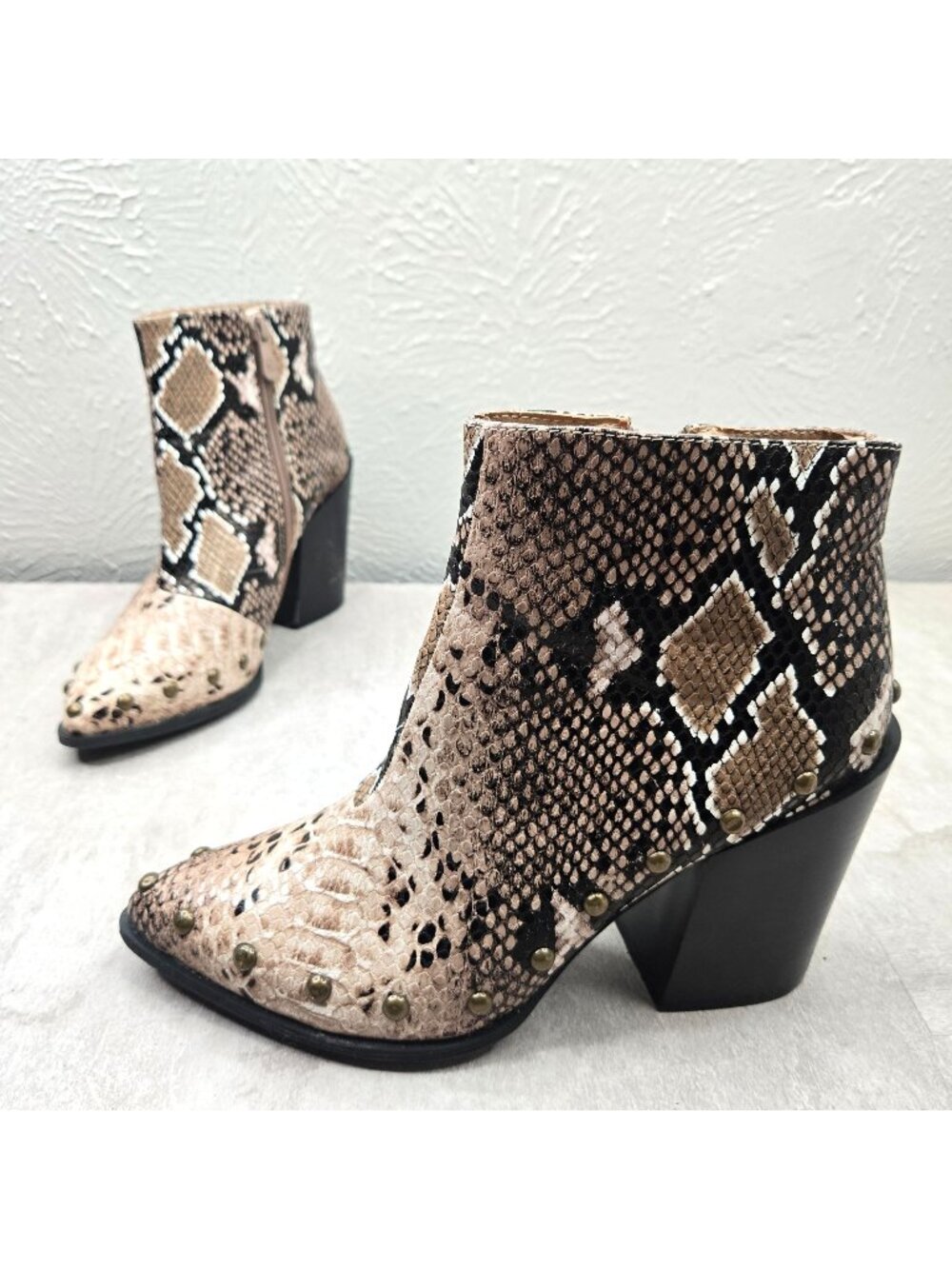 Nasty Gal Snake Print Boots Tan Black Block Heel Western Pointed Ankle Booties